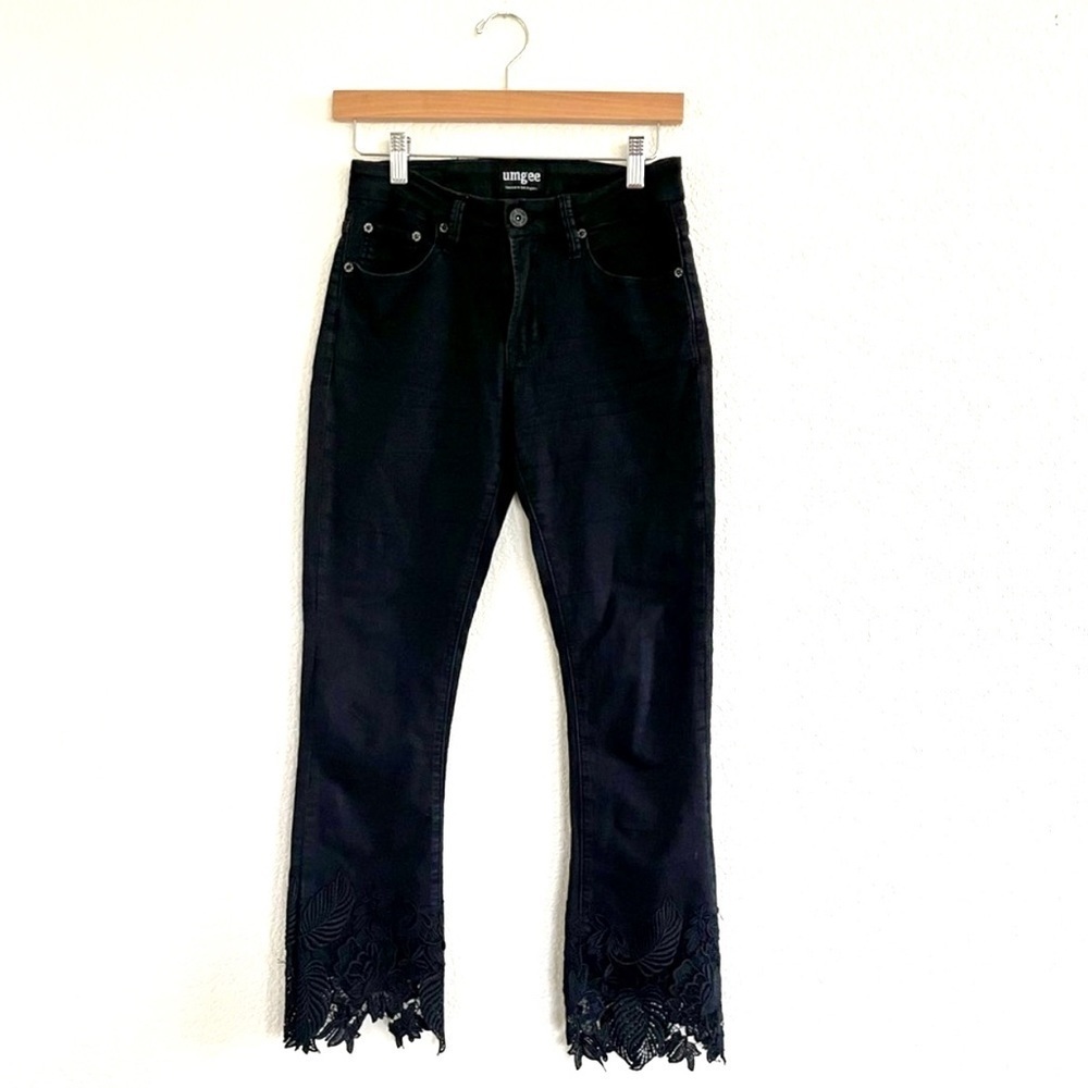 Umgee | Black cropped midrise jeans straight leg denim crochet hem  size 26
